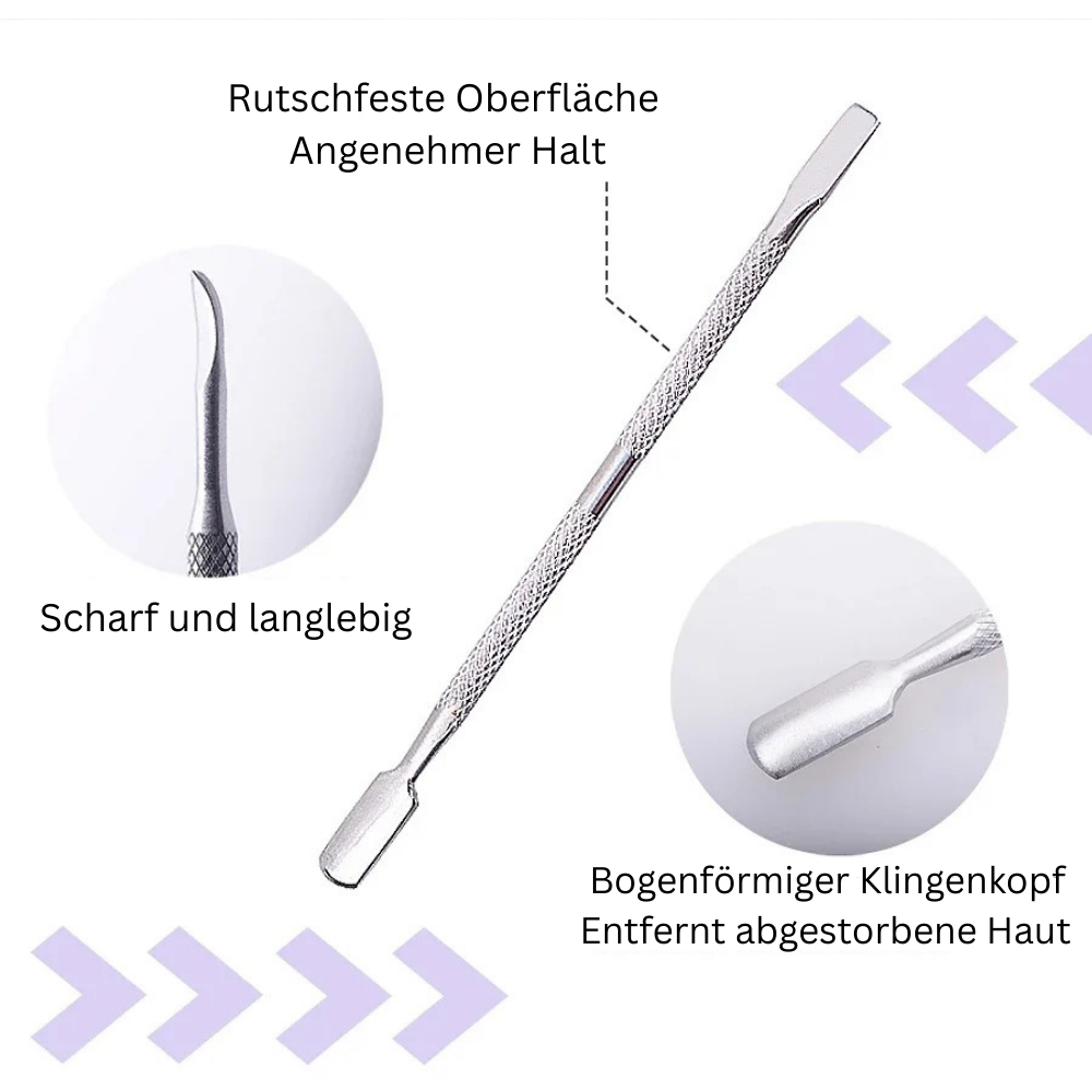Bild von einem der Nagelhautpusher mit Beschreibungen der verschiedenen Produktdetails
