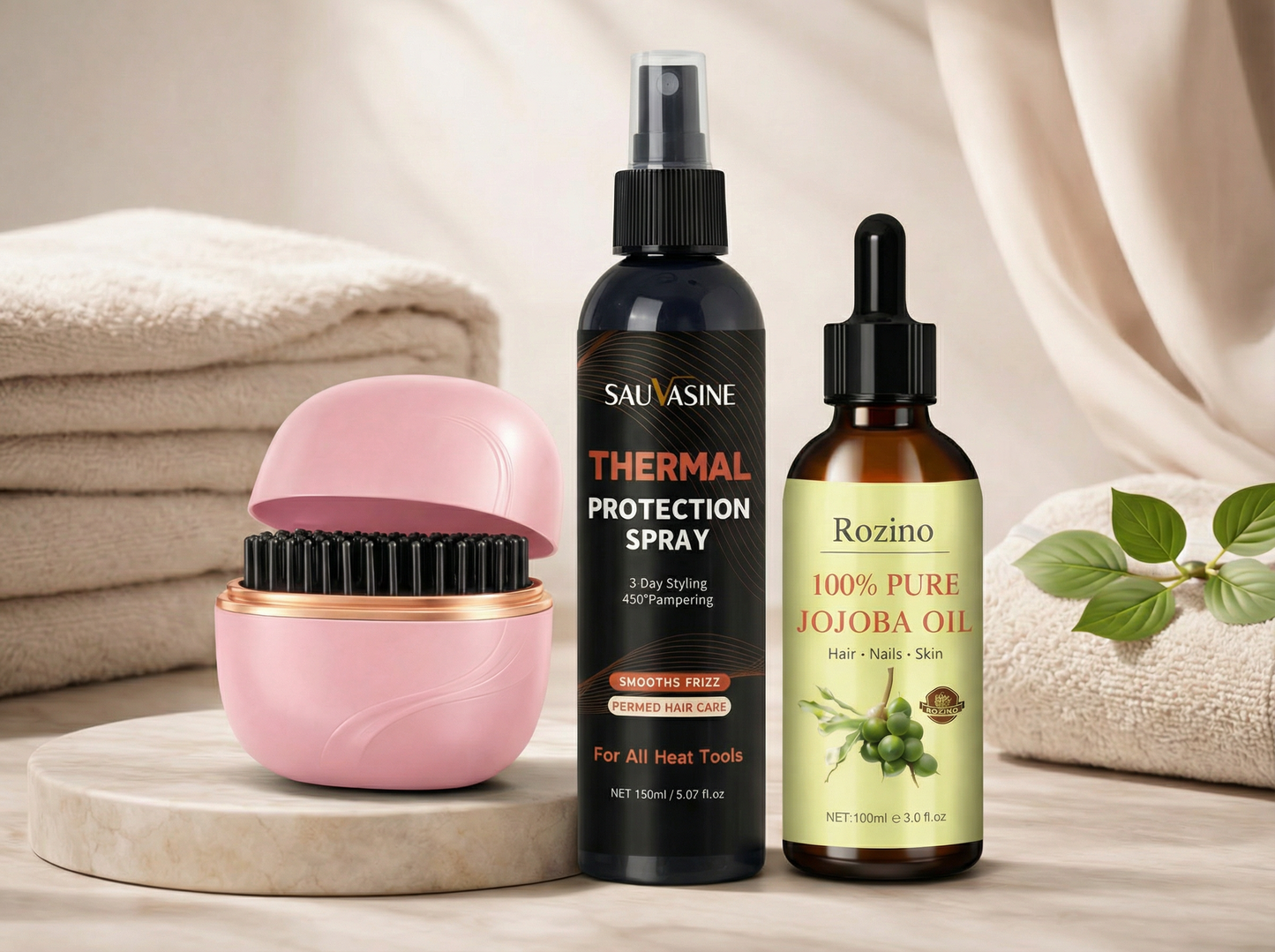 Thermal Protection Spray, 100% reines Jojobaöl und Pinke mobile Haarglättbürste in Spa Setting auf Marmorsockel mit Handtüchern und Blättern, professionelle Haarpflege Produktfotografie