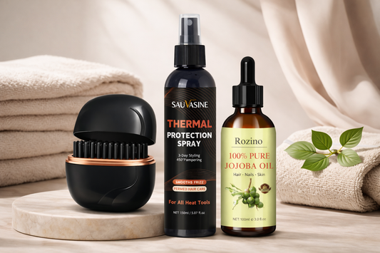 Thermal Protection Spray, 100% reines Jojobaöl und Schwarze mobile Haarglättbürste in Spa Setting auf Marmorsockel mit Handtüchern und Blättern, professionelle Haarpflege Produktfotografie