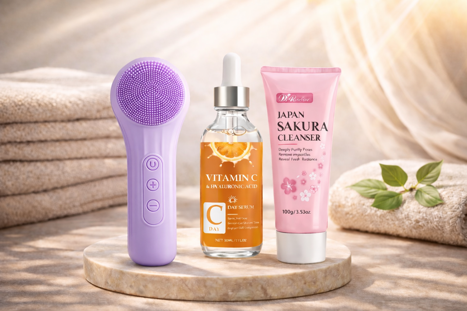 Lilane elektrische Gesichtsreinigungsbürste mit Vitamin C Serum und Sakura Cleanser