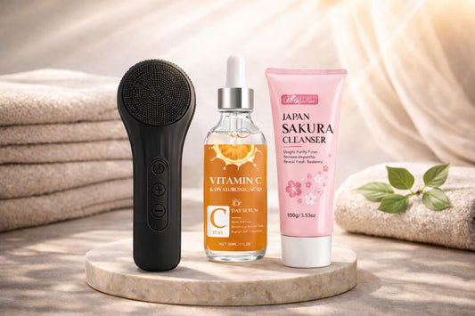Schwarze elektrische Gesichtsreinigungsbürste mit Vitamin C Serum und Sakura Cleanser