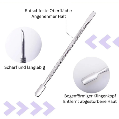 Bild von einem der Nagelhautpusher mit Beschreibungen der verschiedenen Produktdetails 