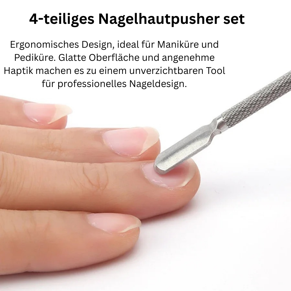 Nagelhautpusher reinigt einen Nagel und Text über Vorteile von dem Produkt 