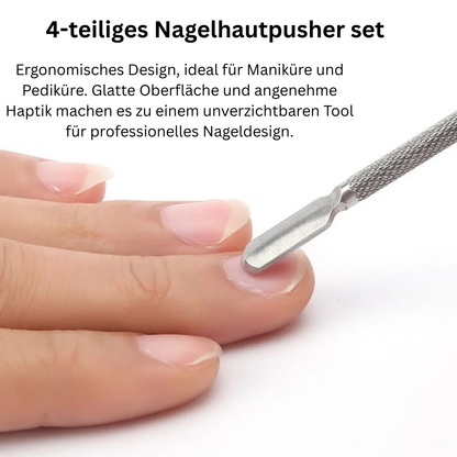 Nagelhautpusher reinigt einen Nagel und Text über Vorteile von dem Produkt 