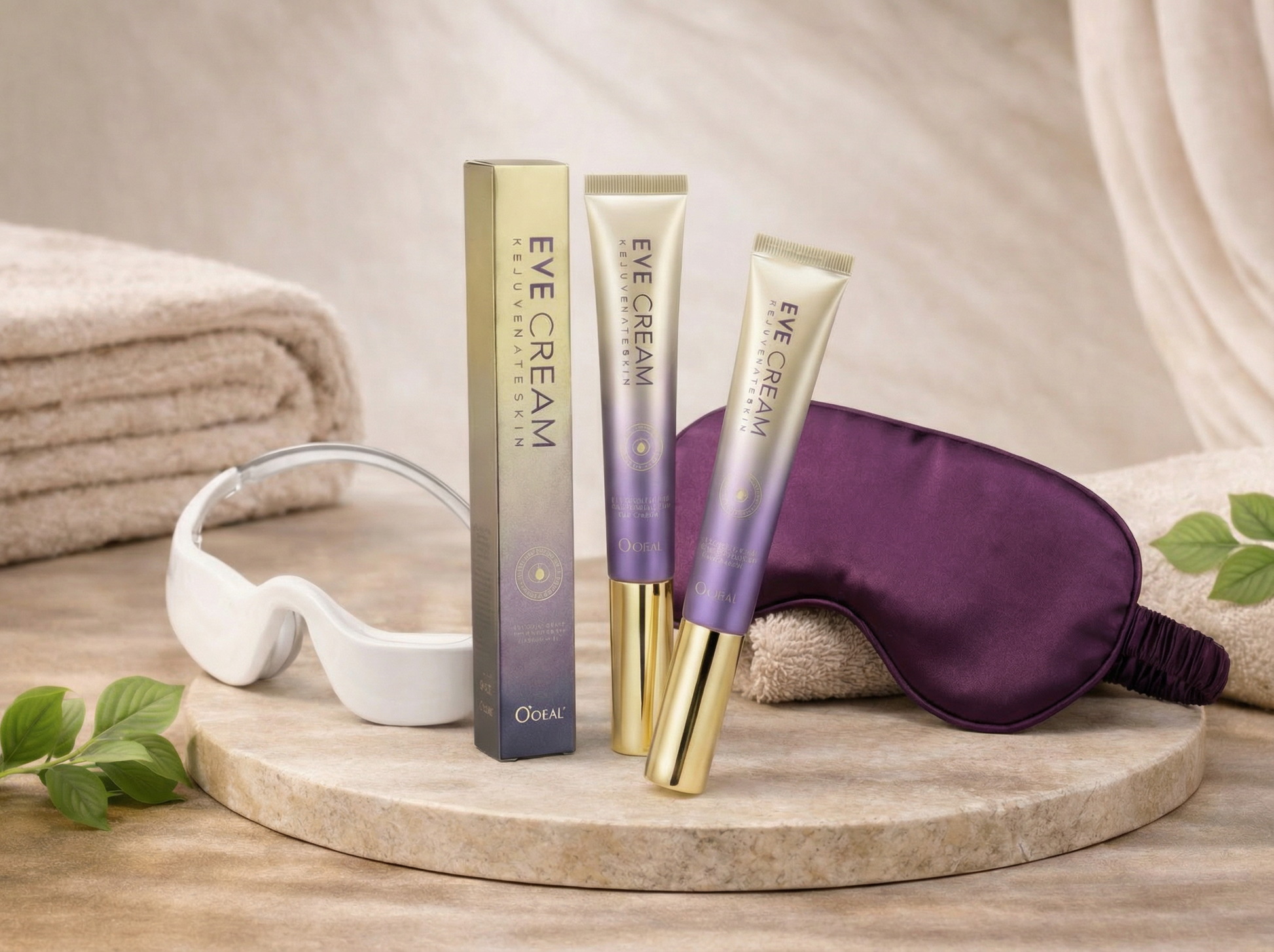 Ein Augenmassagebrille mit rotlichtfunktion, Eine Augenpflege Creme, Eine Bordo Lilane seiden augenmaske