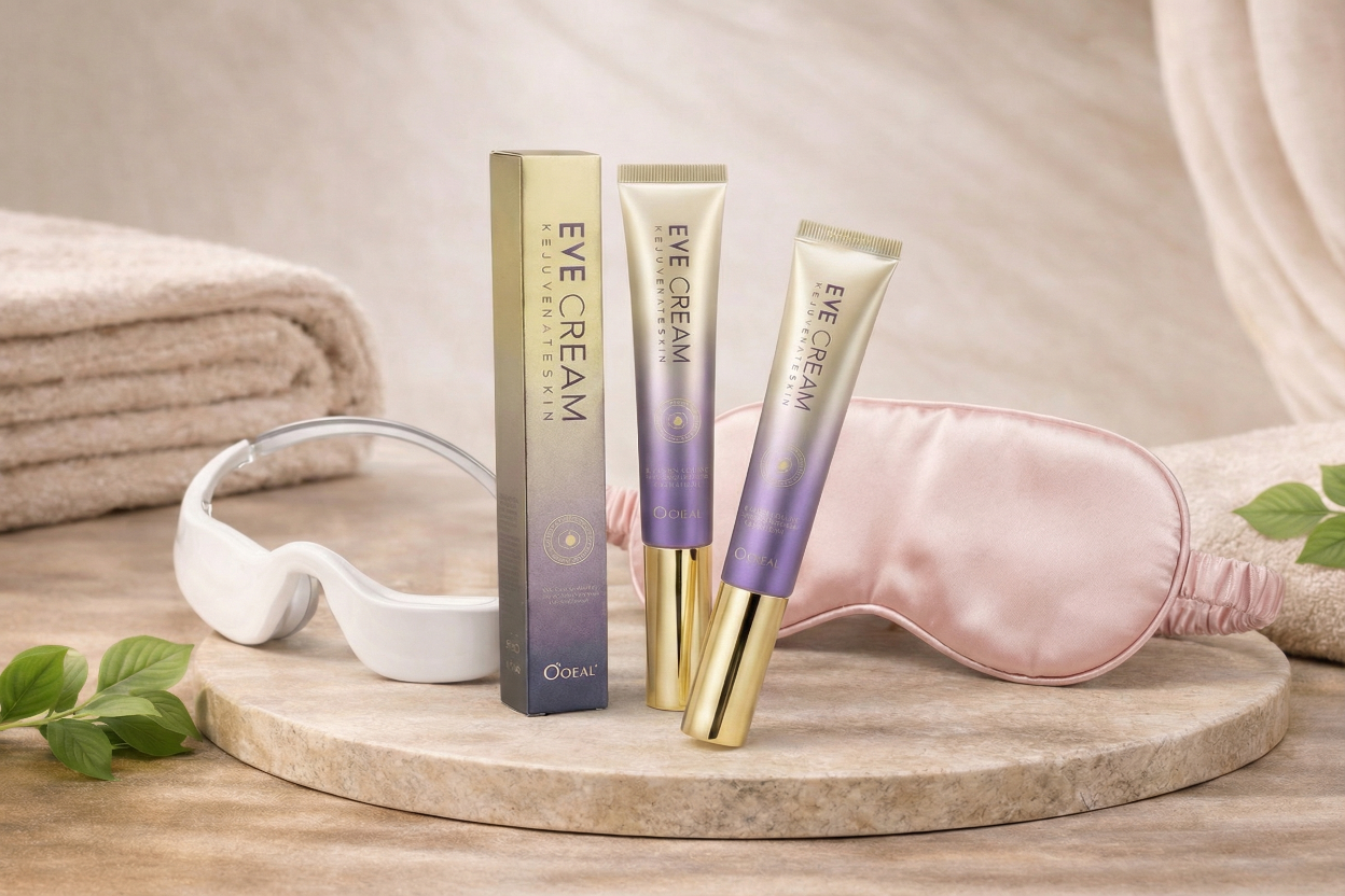 Ein Augenmassagebrille mit rotlichtfunktion, Eine Augenpflege Creme, Eine Pinke seiden augenmaske