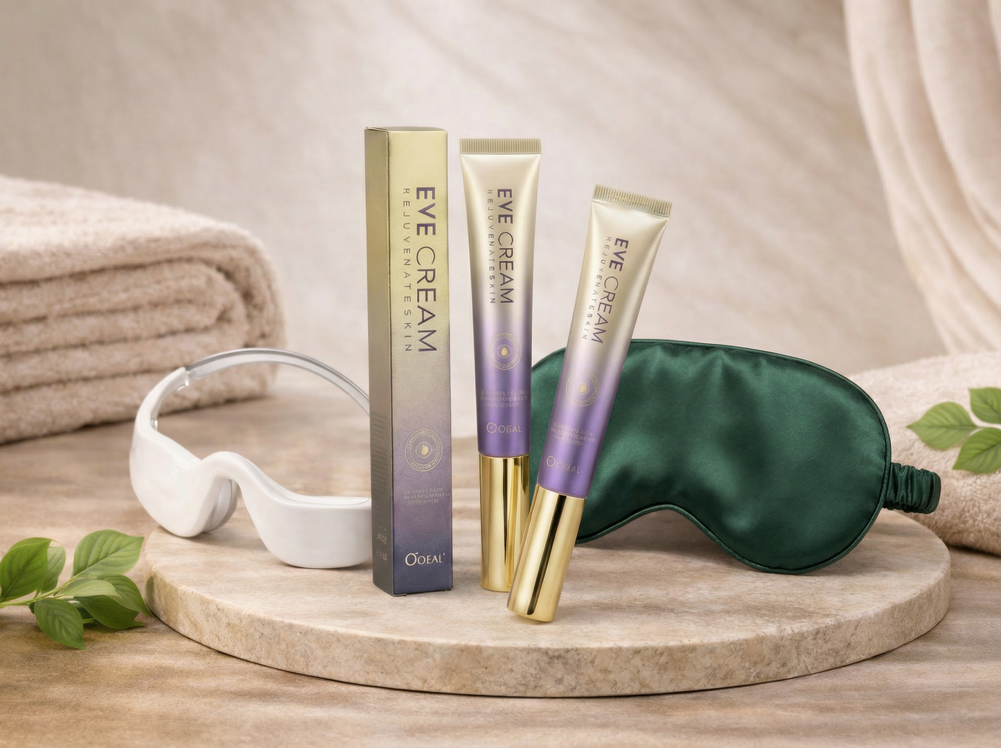 Ein Augenmassagebrille mit rotlichtfunktion, Eine Augenpflege Creme, Eine Dunkelgrüne seiden augenmaske