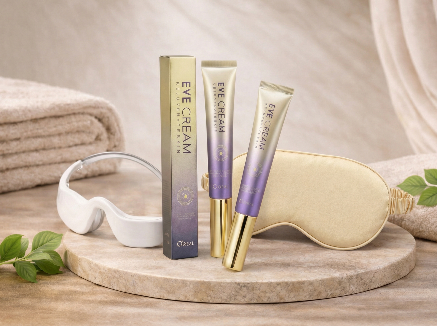 Ein Augenmassagebrille mit rotlichtfunktion, Eine Augenpflege Creme, Eine Beige seiden augenmaske