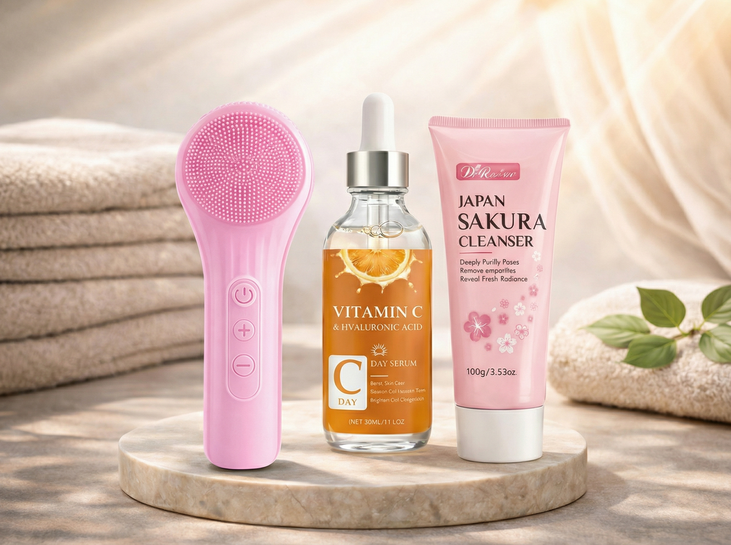 Pinke elektrische Gesichtsreinigungsbürste mit Vitamin C Serum und Sakura Cleanser